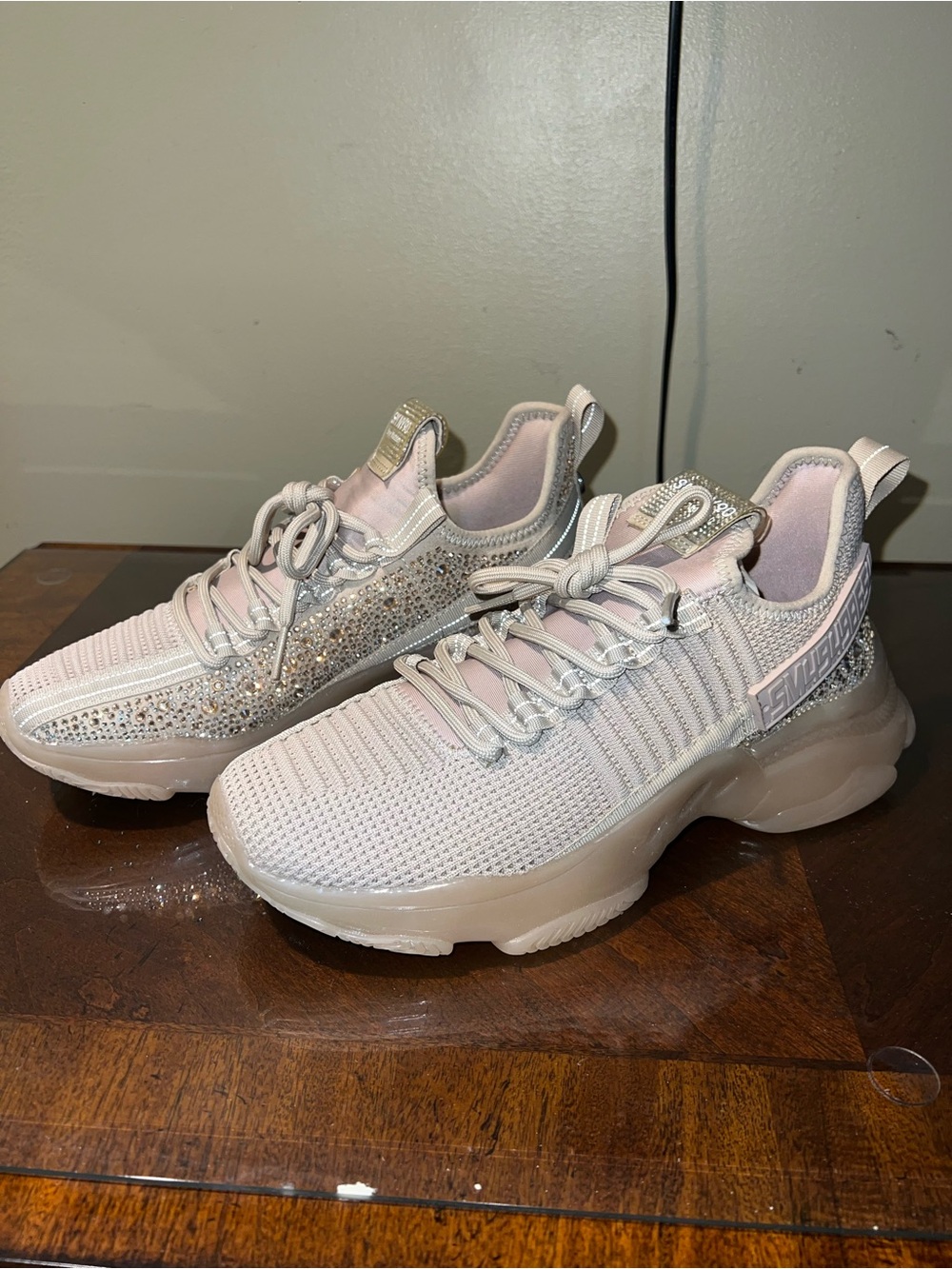 Women’s Khaki Gemmed Knit Athletic Sneakers